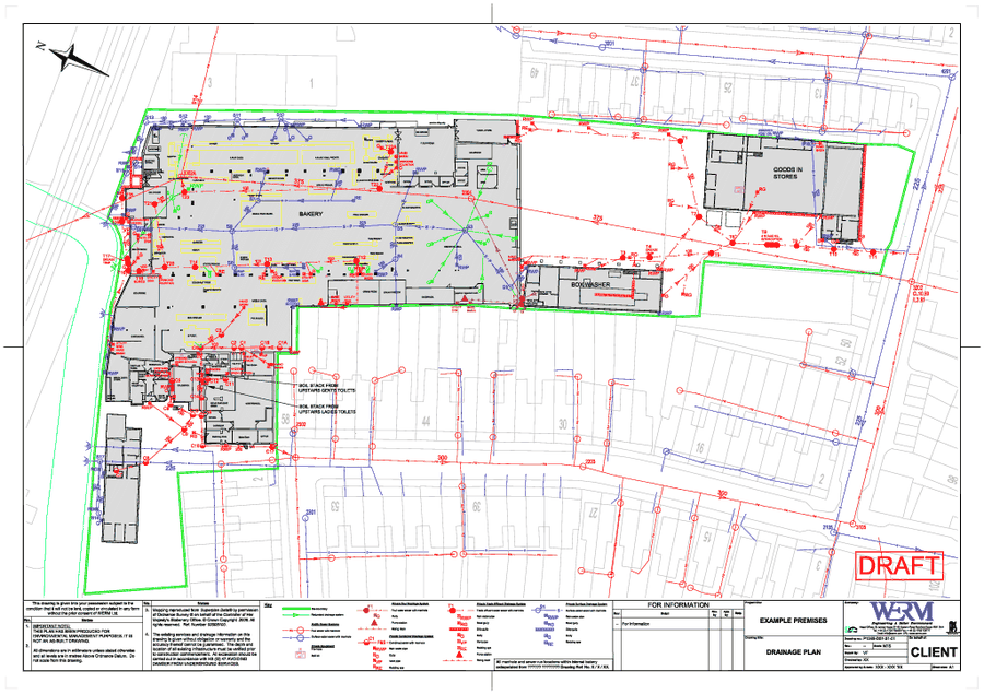 A detailed WERM drainage plan drawing showing foul and surface water pipe runs across a large site